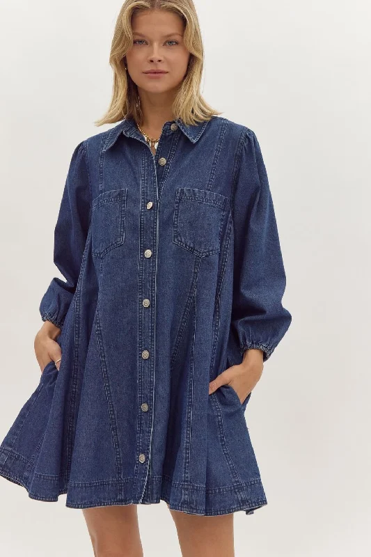 Denim Collared Button Up Long Sleeve Mini Dress