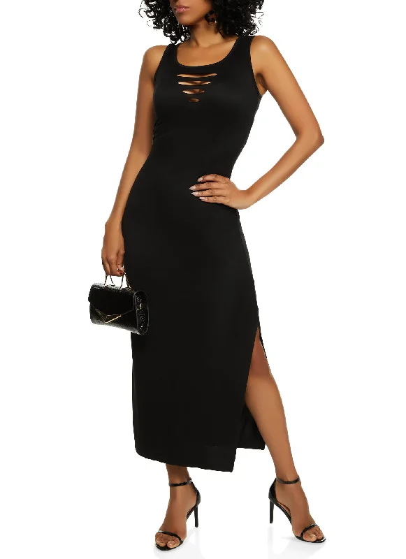 Laser Cut Front Side Slit Tank Maxi Dress