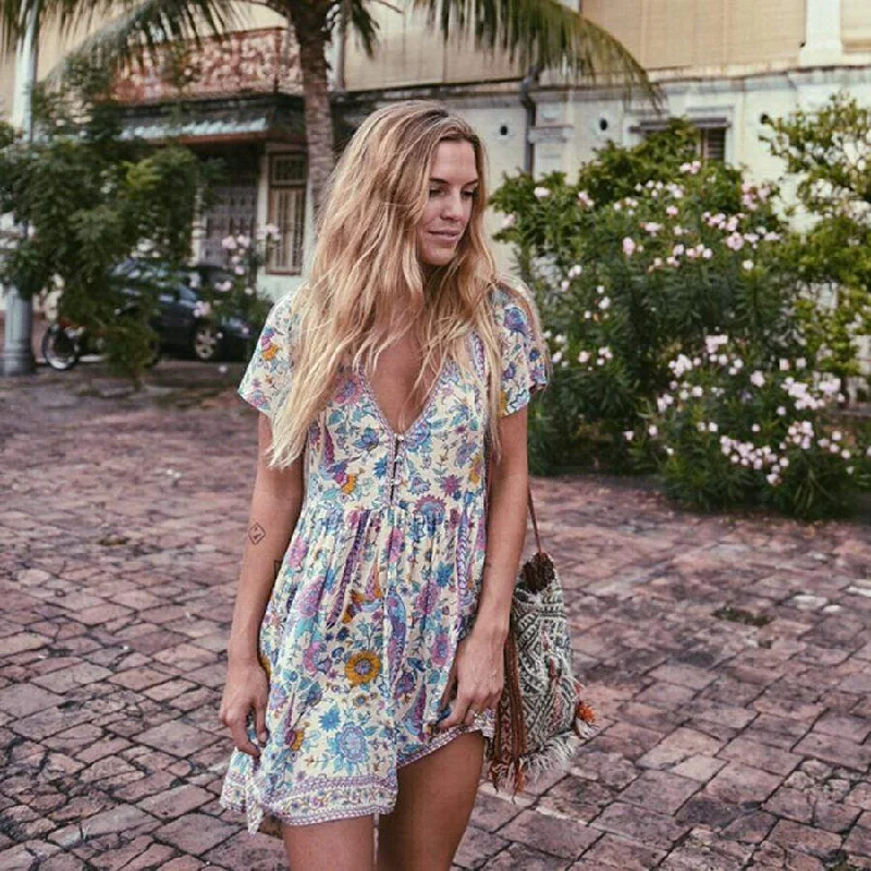 Boho Vintage Floral Print Mini Dress