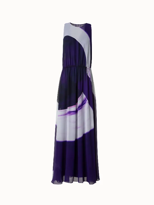 Long A-Line Silk Crêpe Dress with Purple Loop Print