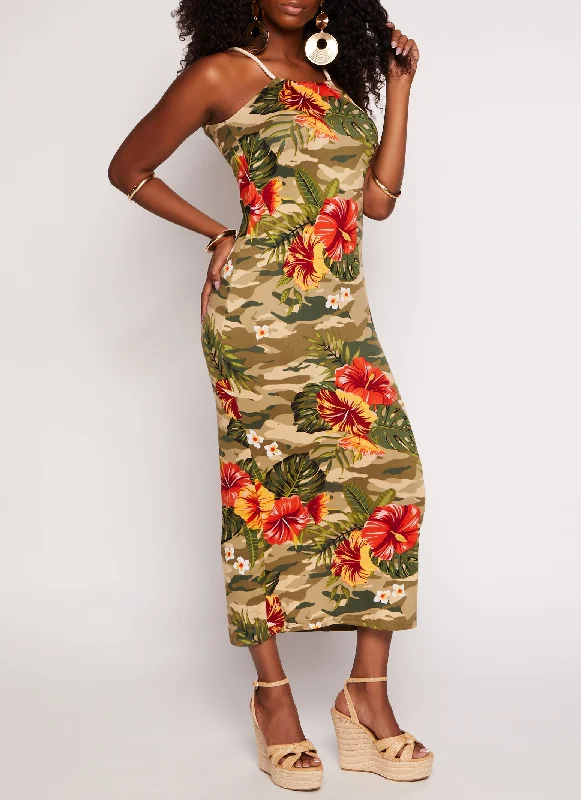 Camo Floral Print Rope Strap Maxi Dress