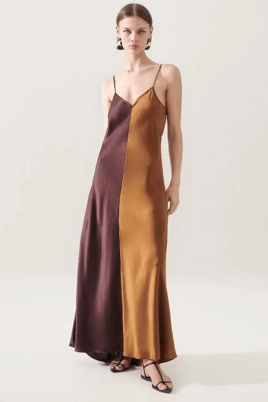 Silk Laundry Two Tone Dress in Cacao/Van Dyke Brown