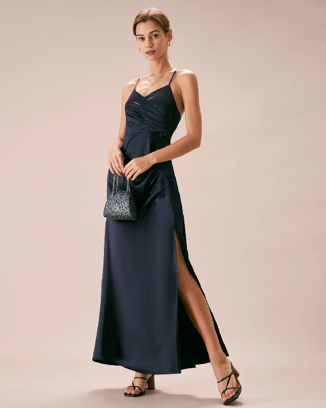 The Navy V-Neck Ruched Satin Sling Maxi Dress