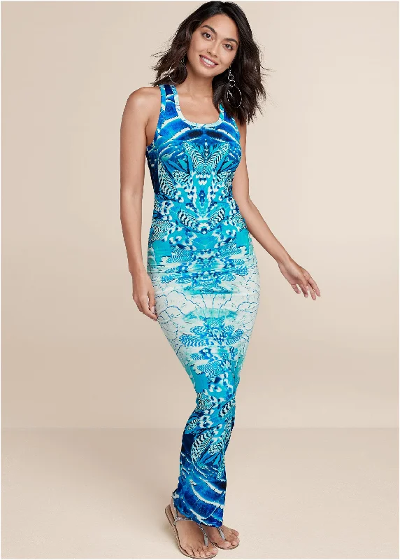 Ruched Printed Maxi Dress - Blue Multi