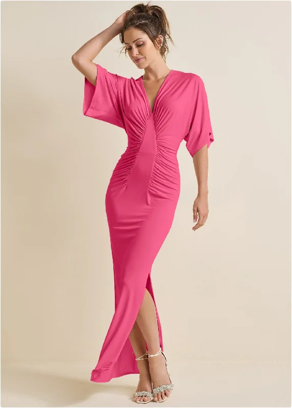 Drape Sleeve Maxi Dress - Hot Pink