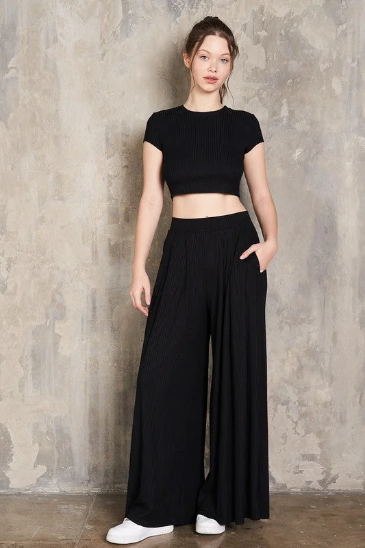 Cropped T-Shirt and Pleated Pants Set