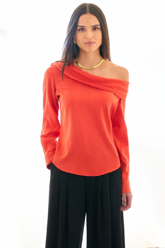 Dani Long Sleeve Off Shoulder Top Washed Cupro Cotton Flame Red