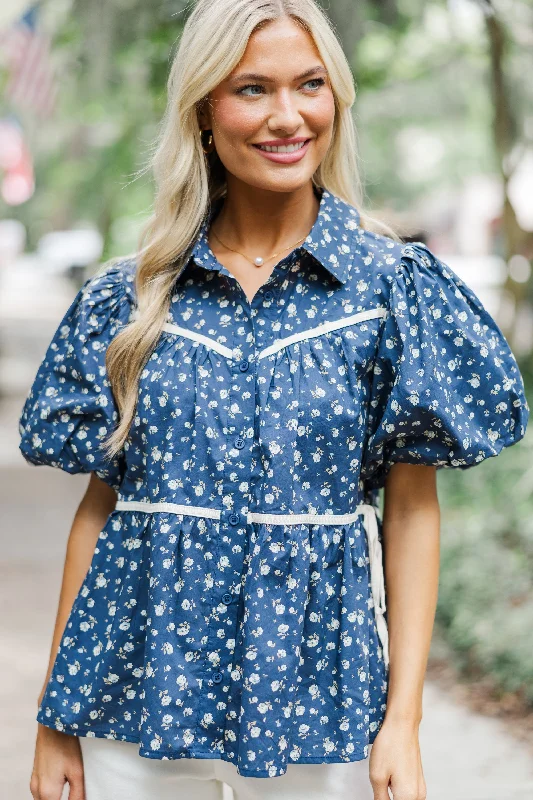 Know Your Worth Navy Blue Ditsy Floral Blouse