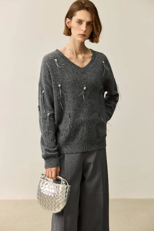 LILY Grey-Tone Wool V-Neck Sweater