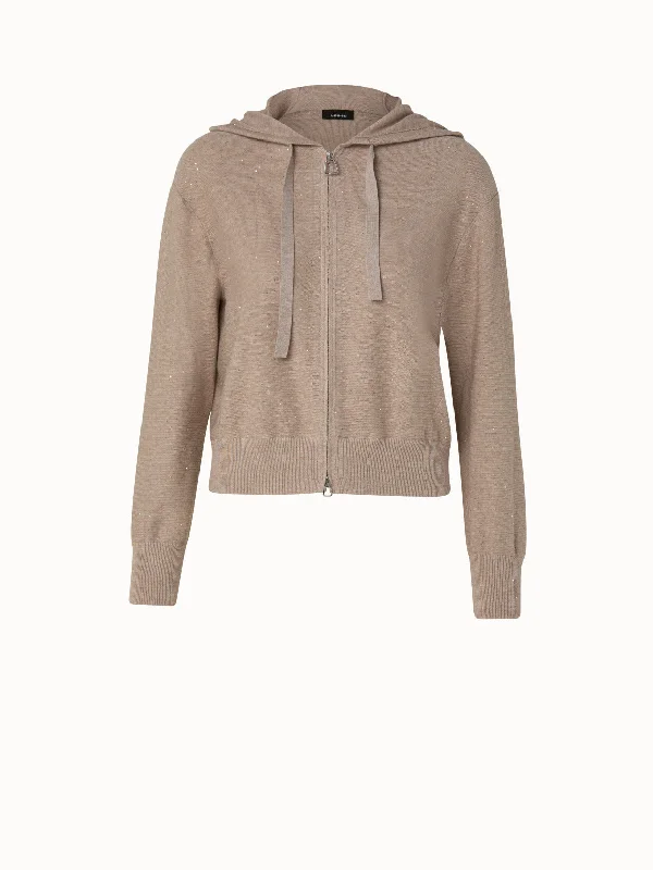 Linen Blend Short Hoodie with Fine Sequins