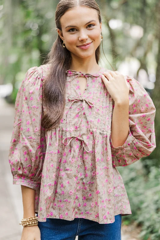 Out In The World Camel Brown Ditsy Floral Blouse