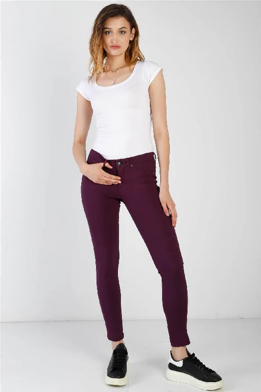 Purple Plum Contrast Button Mid Rise Skinny Pants