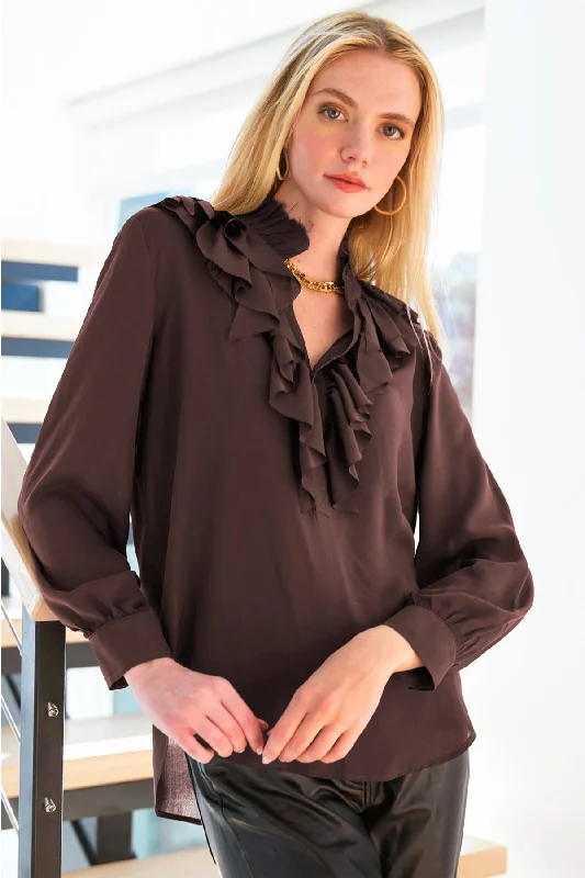 Rory Espresso Brown Viscose Voile Fray Neck Top