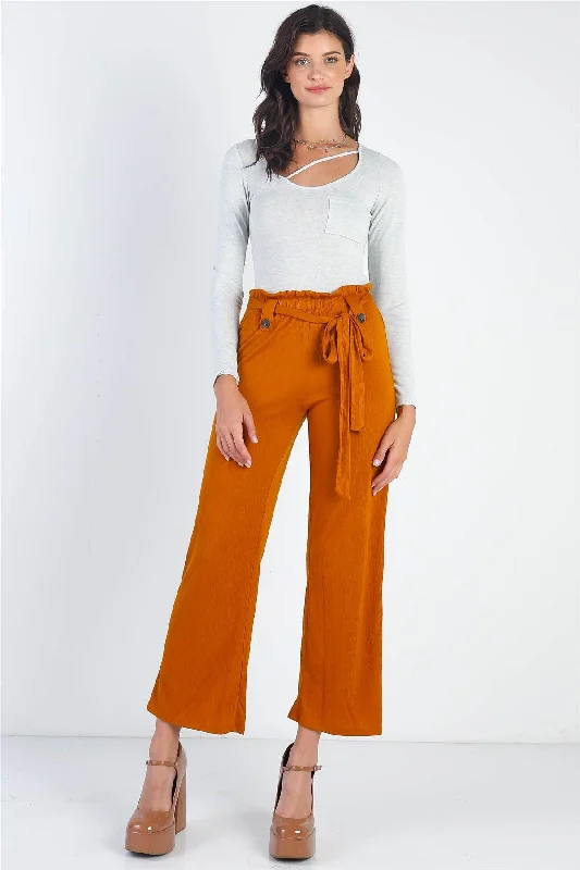 Rust Textured Self-Tie Belted Culotte Pants