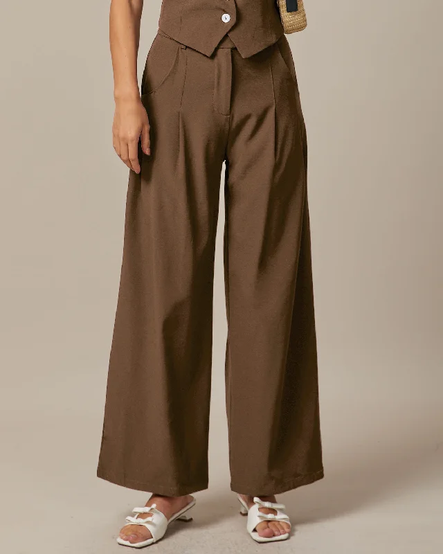 Brown High Waisted Pockets Straight Pants