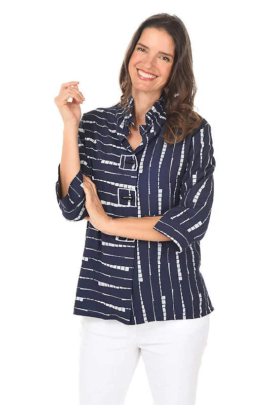 Navy Keyboard Wire Collar Button-Front Shirt