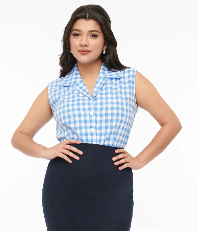 Barbie x Unique Vintage 1950s Blue & White Gingham Commuter Set Collar Blouse