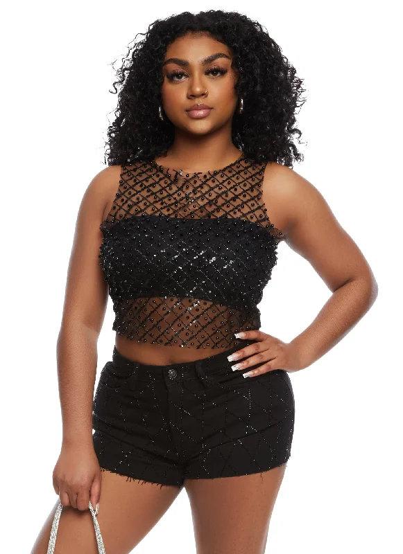 Almost Famous Rhinestone Lattice Denim Shorts