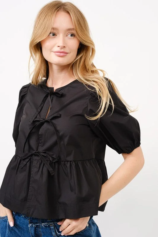 Bow Tie Up Blouse - Black