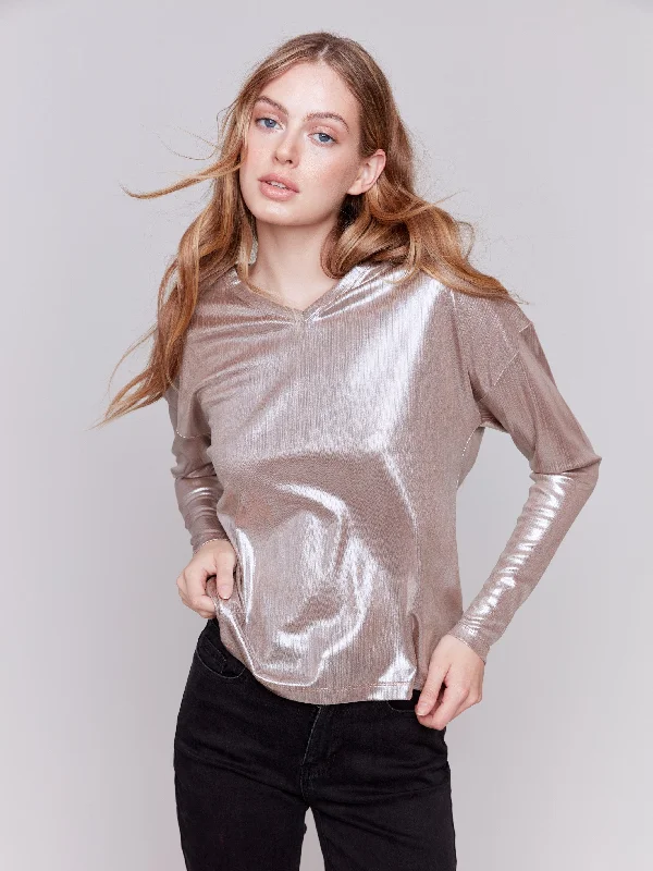 Foiled Knit Top with V-Neck - Truffle