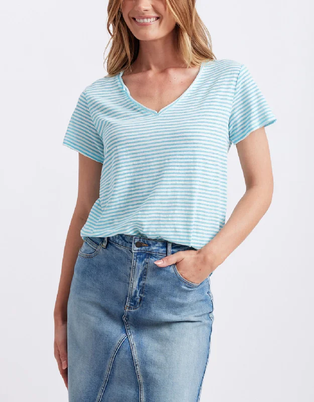 Sorbet Stripe Vee Neck Tee - Azure Blue