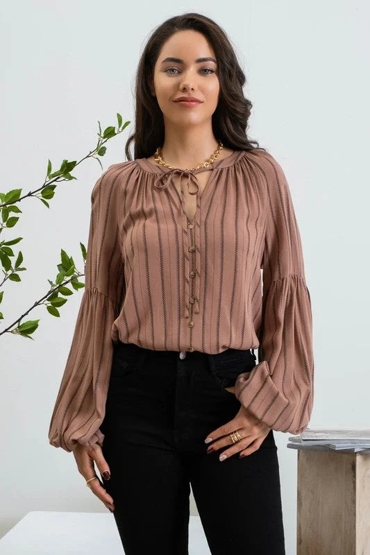 Striped Peasant Blouse - Brown