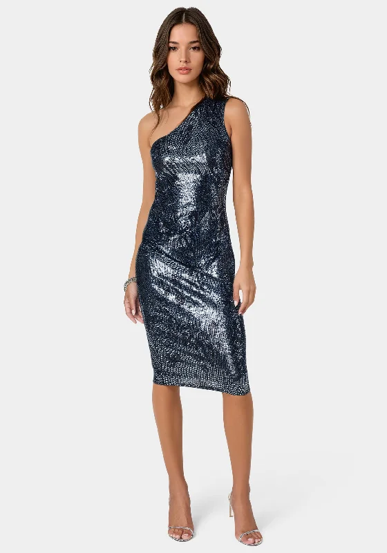 Zebra Sequin One Shoulder Midi Dress