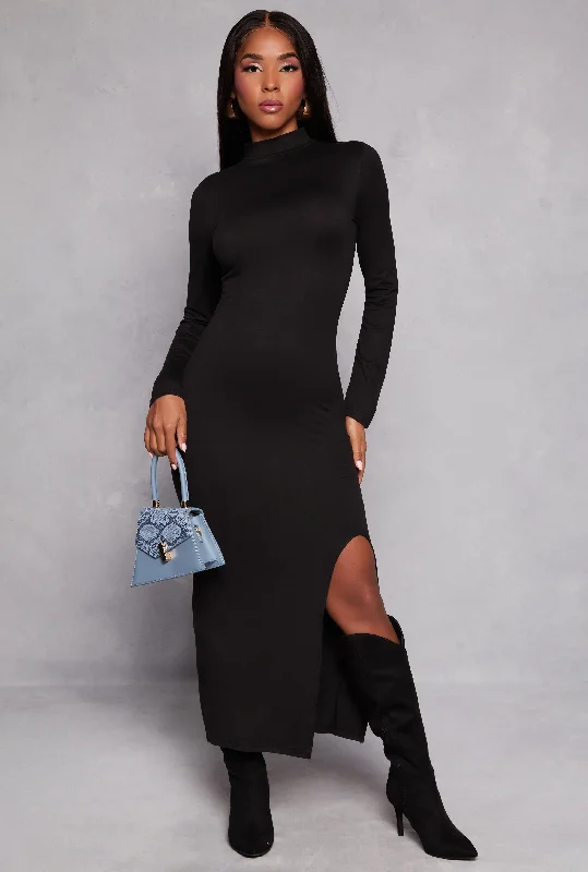 Mock Neck Side Slit Maxi Dress