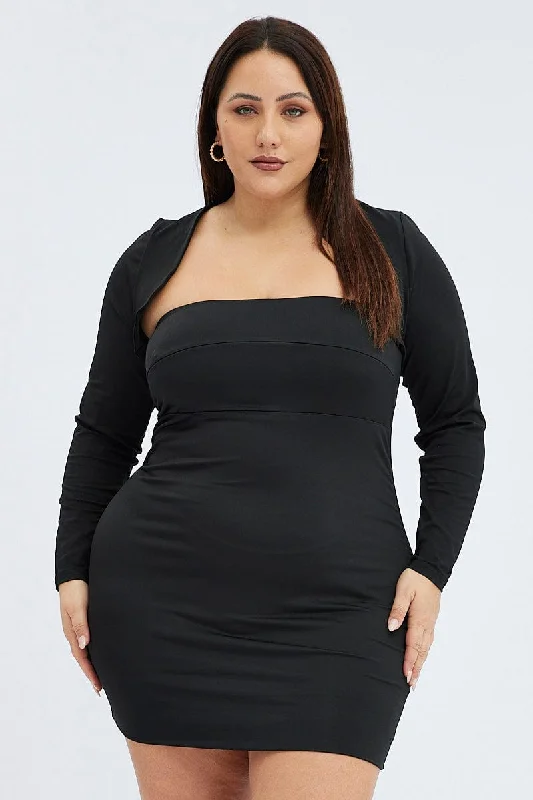 Black Strapless Bodycon Dress Shrug Set