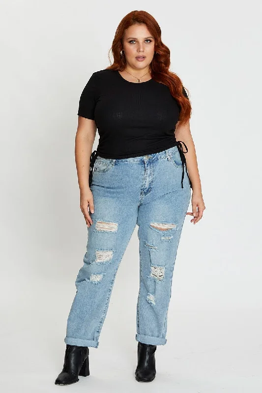 Blue Mid Rise Boyfriend Denim Jeans