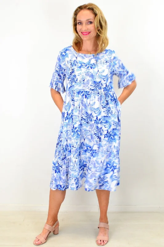 Churchill Blue Tropical Tiered Tunic Dress