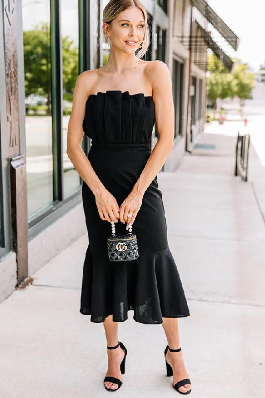 Latest And Greatest Black Pleated Midi Dress