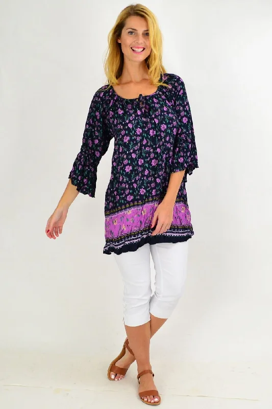 Navy African Violet Crinkle Tie Tunic Top