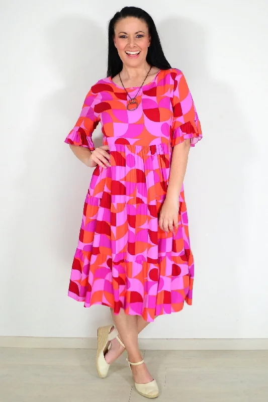 Orange Purple Geometric Midi Dress