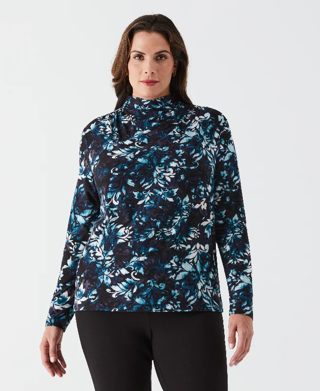 Plus Size Shadow Damask Print Ruched Mock Neck Top