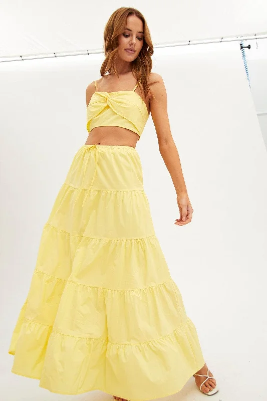 Yellow Maxi Skirt Elastic Waist Tiered