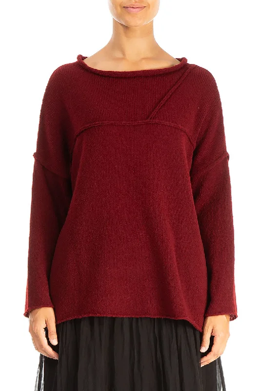 Asymmetrical Seams Maroon Wool Sweater