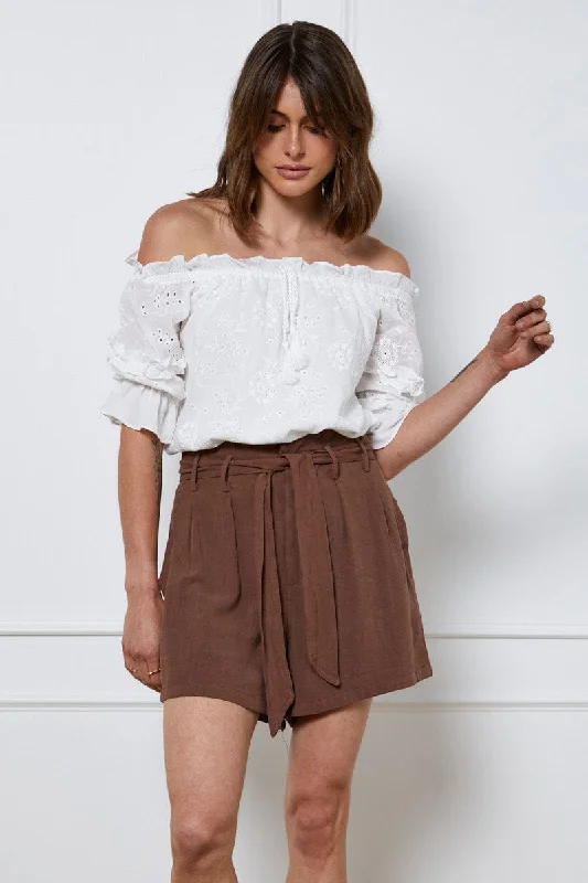 Brown Belted Shorts High Waist Linen