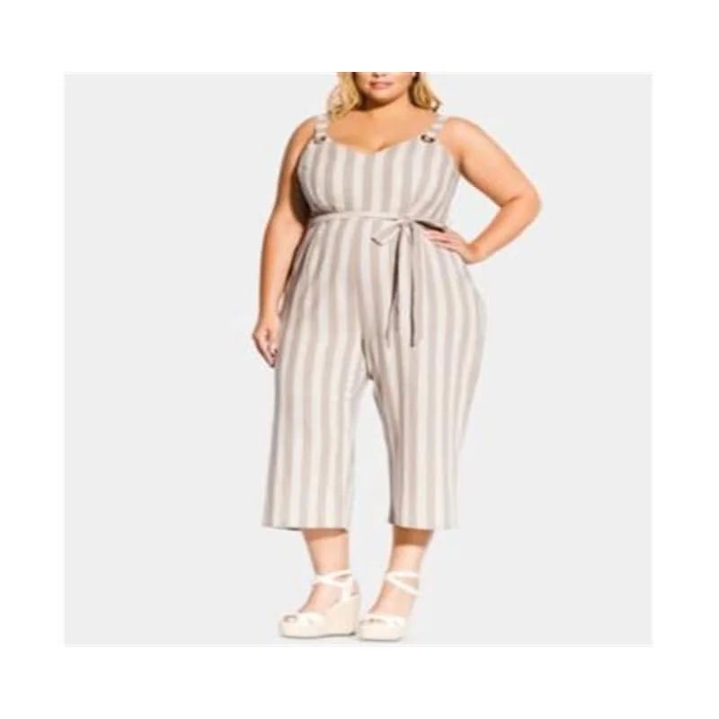 City Chic Women's Plus Jumpsuit Grommet Stripe - Oatmeal Stripe White Size 22W